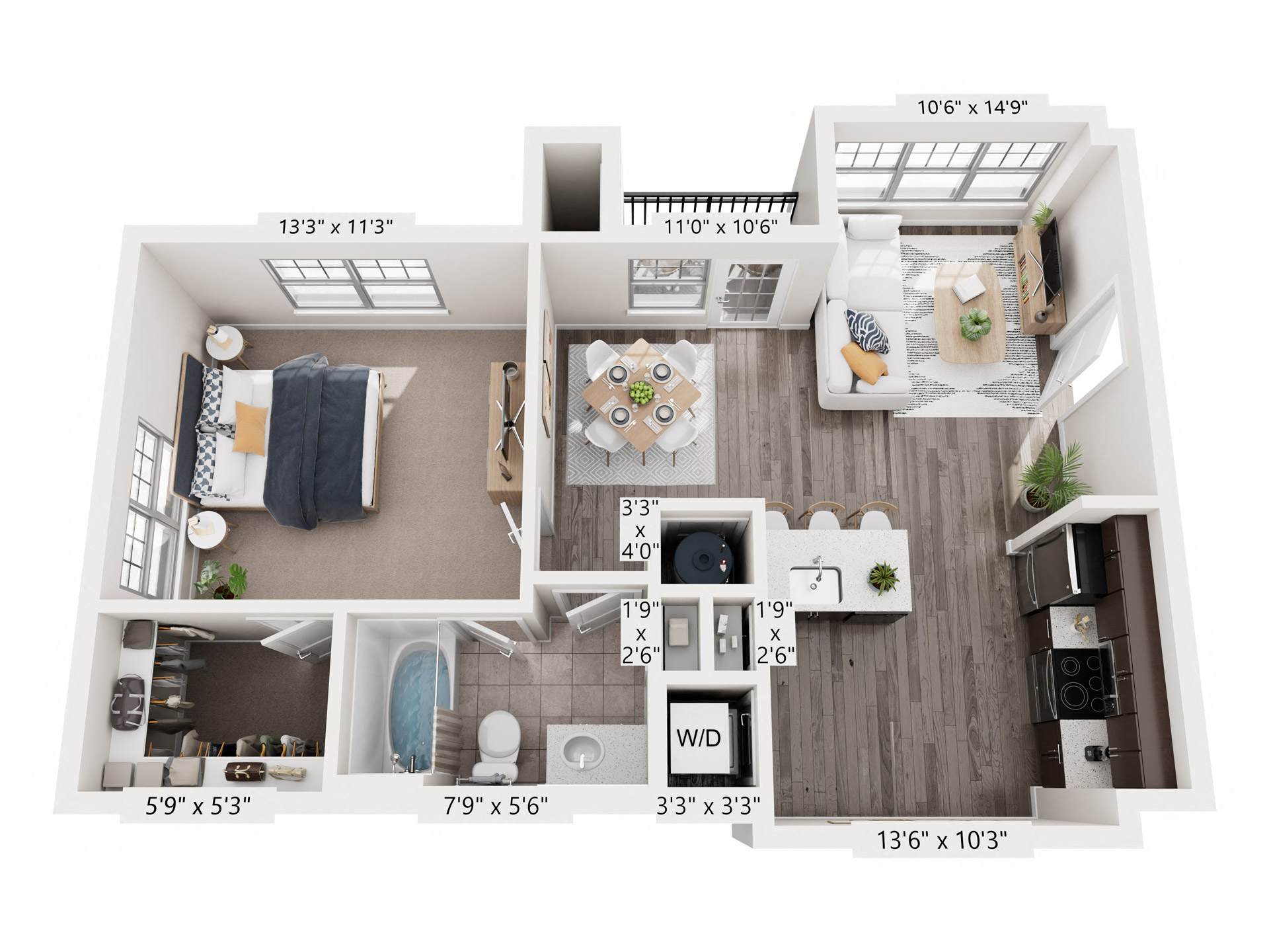 Floor plan for 1 bed, 1 bath, 749 sqft
